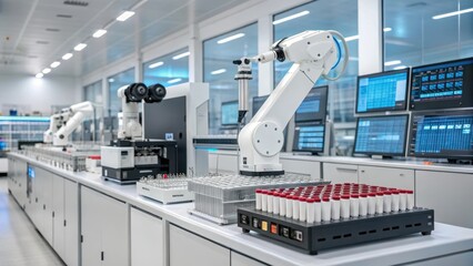 Modern laboratory with robotic arms and advanced equipment for scientific research.
