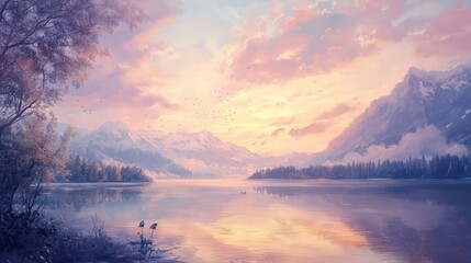 Fototapeta premium summer sunrise over a lake, with soft pastel hues in the sky and a still, peaceful atmosphere