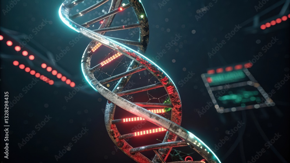 Poster 3d representation of a dna double helix with glowing elements and a dark background.