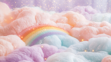 Fototapeta premium Dreamy Pastel Sky with Rainbow, Fluffy Clouds, and Sparkling Stars Fantasy Background,Abstract kawaii colorful sky rainbow,soft pastel comic graphic concept,Magical rainbow,pastel rainbow unicorn back