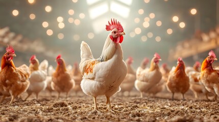 Fototapeta premium A group of domestic chickens huddled together in a warm indoor farm coop with soft lighting illuminating the scene