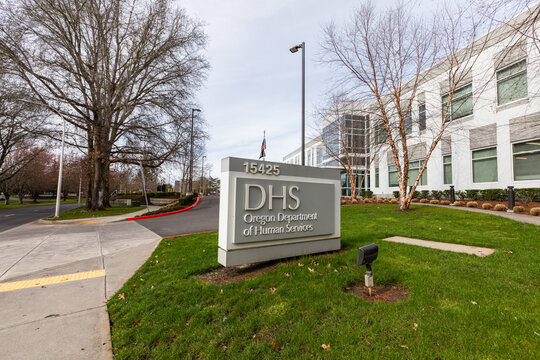 Beaverton, OR, USA - March 9, 2025 - High-Resolution Editorial Photo of the Oregon Department of Human Services (DHS) Sign, Marking the Entrance to the Government Office Providing Public Assistance