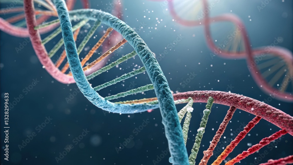 Poster double helix structure of dna with vibrant colors and particles in a scientific background.