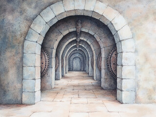 Fototapeta premium Mysterious Stone Tunnel with Gears