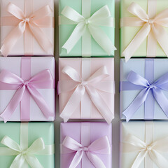A stack of beautifully wrapped Easter gifts with pastel ribbons