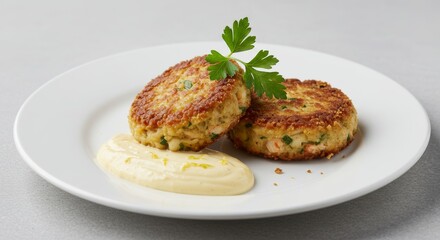 Delicious Golden Brown Crab Cakes with Creamy Lemon Aioli Garnish