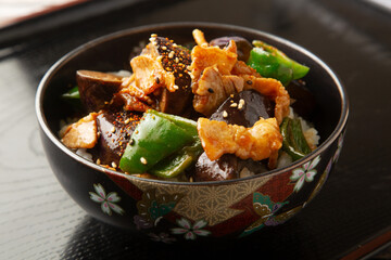 茄子と豚バラの味噌炒め丼