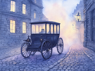 Antique Carriage in a Misty European City Street