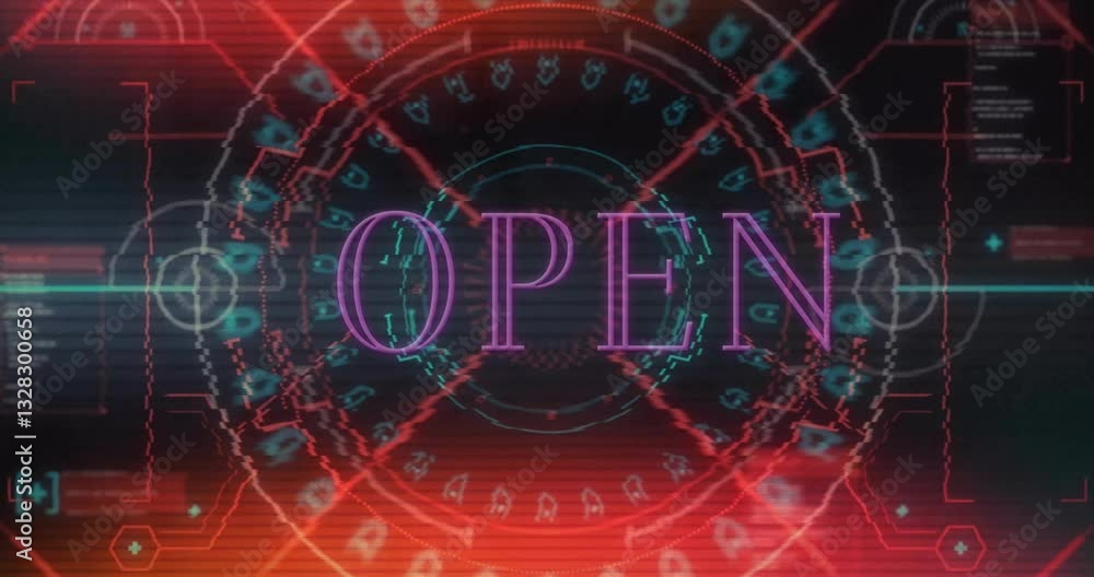 Poster animation of vibrant neon colors with futuristic digital interface and open text