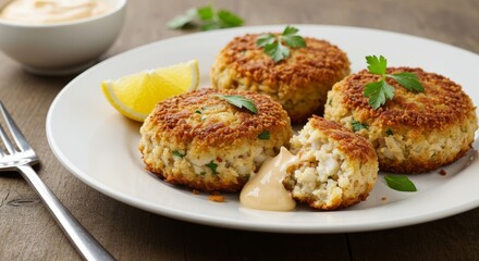 Delicious Golden Brown Crab Cakes with Lemon and Creamy Sauce Close Up Food Photography