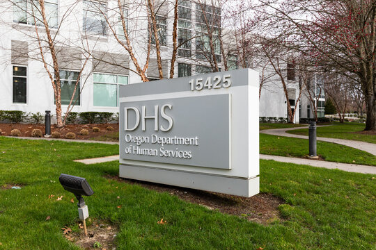 Beaverton, OR, USA - March 9, 2025 - High-Resolution Editorial Photo of the Oregon Department of Human Services (DHS) Sign, Marking the Entrance to the Government Office Providing Public Assistance