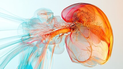 Human liver anatomy and structural details visualized in 3D format. 