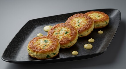 Delicious Golden Brown Fish Cakes with Herb Garnish and Creamy Sauce on a Black Plate