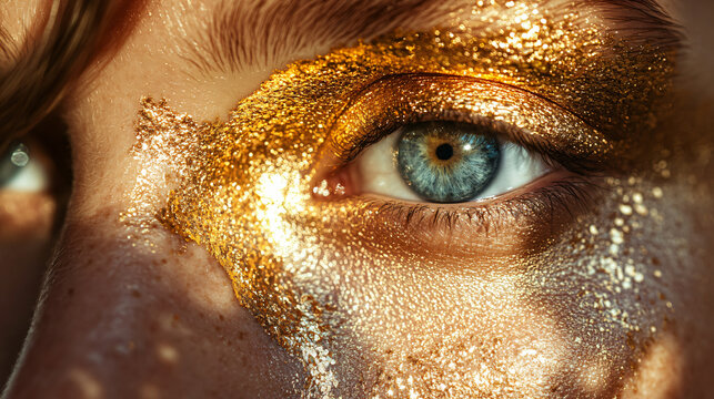Close up eye golden metallic makeup shimmering glossy highlights artistic beauty dramatic lighting intense gaze radiant glow fantasy portrait expressive detailed photography striking visual concept