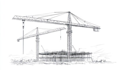 Construction cranes sketch, building site, architectural drawing, blueprints