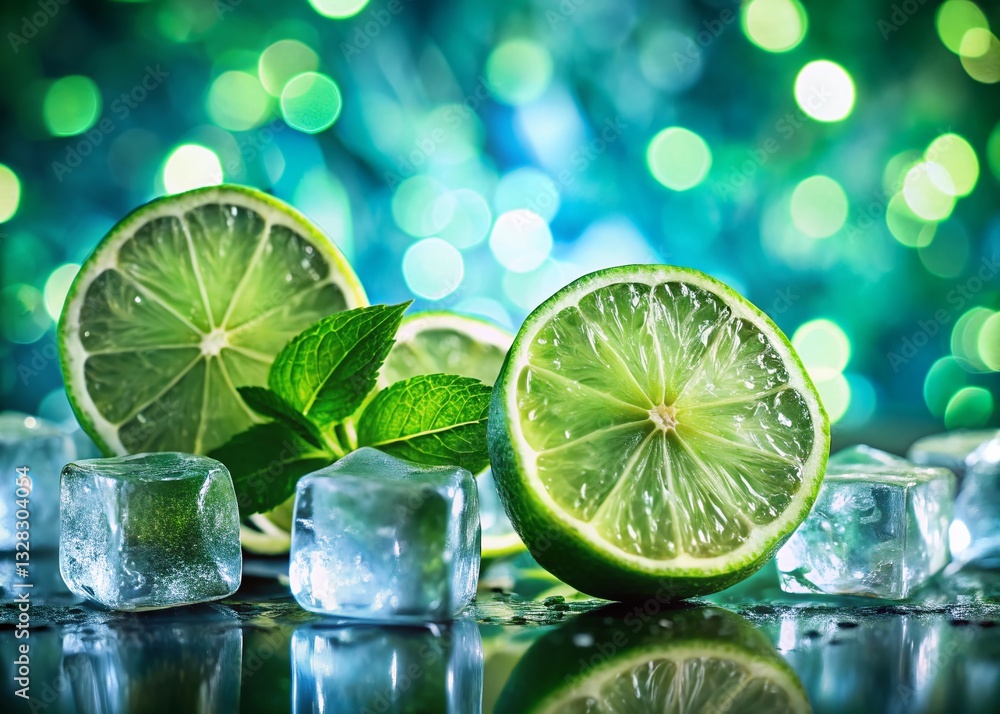 Aufkleber refreshing green lime and ice cubes background with bokeh - stock photo