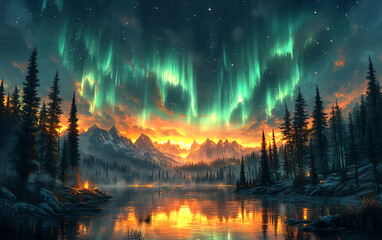 Fototapeta premium Enchanting Anime Scene of Aurora Borealis Over Mountain Lake 