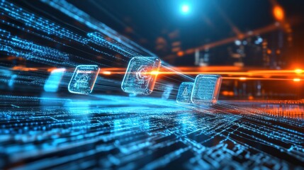 Digital data movement simulation virtual environment conceptual art high-tech futuristic viewpoint innovation impact