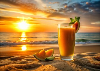 Obraz premium Refreshing Melon Juice on Tropical Beach at Sunset - Low Light Photography