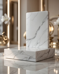 A high-end luxury indoor product mock-up featuring a pristine white marble display platform with delicate gray veining. 