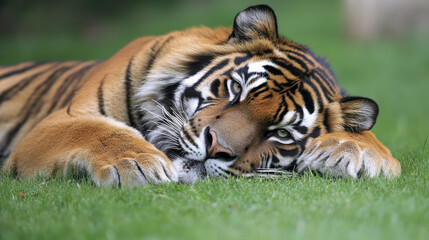 Obraz premium A close-up of a resting tiger on green grass, showcasing its striking fur and relaxed demeanor.