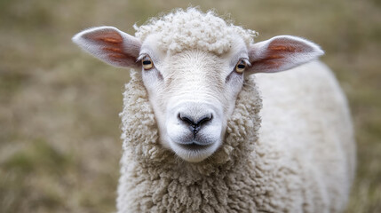 Obraz premium A close-up of a sheep with a fluffy coat, looking directly at the camera.