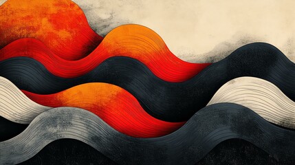 Obraz premium A vibrant abstract artwork featuring dynamic waves of color, blending shades of red, orange, black, and white. This visually striking design evokes movement and creativity.