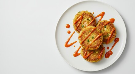 Delicious Shrimp and Corn Fritters with Spicy Sauce Top View Food Photography