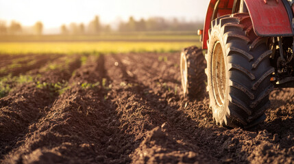 A close-up of a tractor tire on freshly plowed soil during sunset.