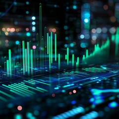 Dynamic Green and Blue Data Streams with Blurred City Lights at Night