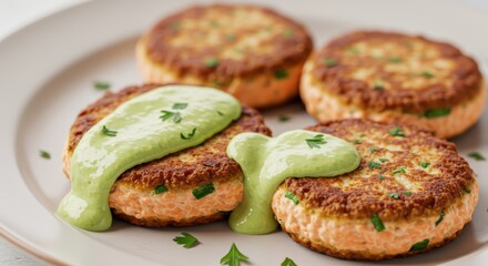 Delicious Homemade Salmon Patties with Creamy Avocado Sauce Close Up Food Photography