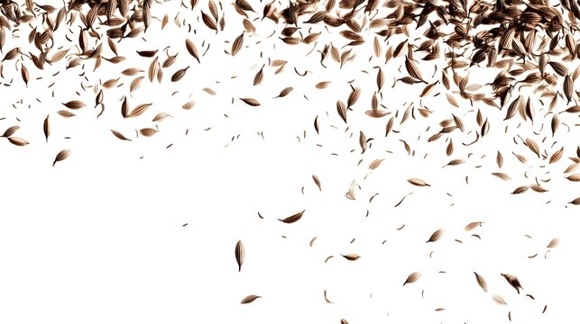 Clipart of cumin seeds scattered artistically with fine lines and brownish tones, isolated on white