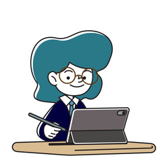 タブレット端末で学習をする笑顔の子供のベクターイラスト