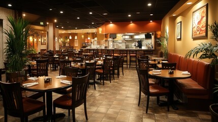 upscale restaurant with an open-concept kitchen, contemporary and ambient lighting, creating a unique and inviting dining experience for guests.