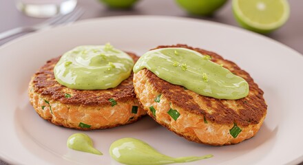 Delicious Salmon Patties with Creamy Avocado Sauce Gourmet Food Photography