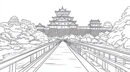 Obraz premium Japanese Castle Sketch, Pathway, Trees, Landscape; Stock Illustration