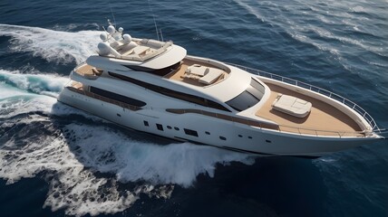 Short Description: An aerial shot of a luxurious white yacht cruising through deep blue waters, leaving a white wake behind, with a distant coastline visible.