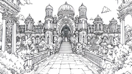 Fantasy Palace Sketch, Architectural Drawing, Outdoor Scene