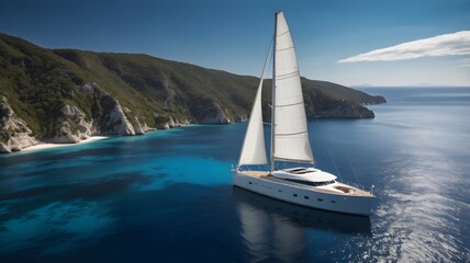 Fototapeta premium An aerial view of a white sailboat with a tall mast and full sails gliding across a vast, deep blue ocean towards a distant island under a bright, partly cloudy sky.