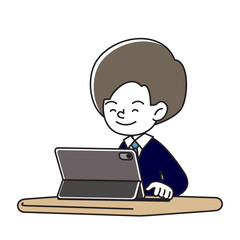 タブレット端末で学習をする笑顔の子供のベクターイラスト