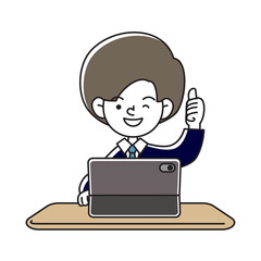 タブレット端末で学習をする笑顔の子供のベクターイラスト