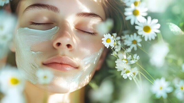 A calming sensitive skin facial treatment with soothing ingredients like chamomile and aloe vera The client is shown with a gentle mask applied to her face - Powered by Adobe