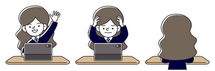 タブレット学習をする人物（制服・スーツ）のいろいろな表情パターンのベクターイラストセット