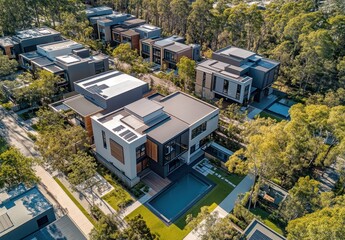 Fototapeta premium Modern luxury homes in harmony with nature surrounded by lush greenery and designed for contemporary living in an upscale neighborhood