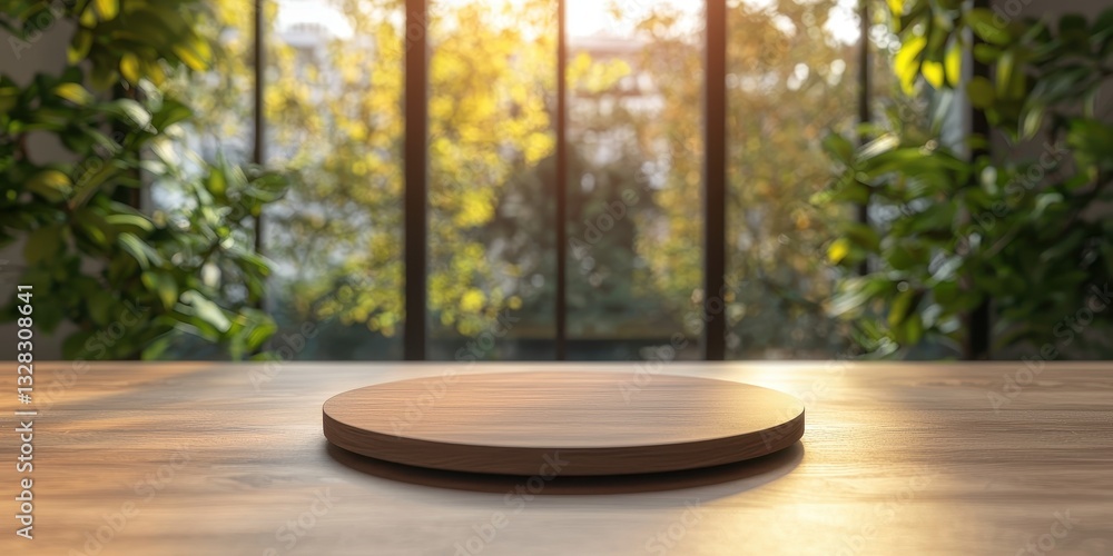 Poster a wooden surface with a circular platform sits on a table, illuminated by natural light from large w