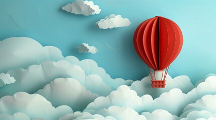 Obraz premium A vibrant red hot air balloon floats gracefully among fluffy clouds in a bright blue sky, creating a serene and adventurous atmosphere perfect for travel enthusiasts.