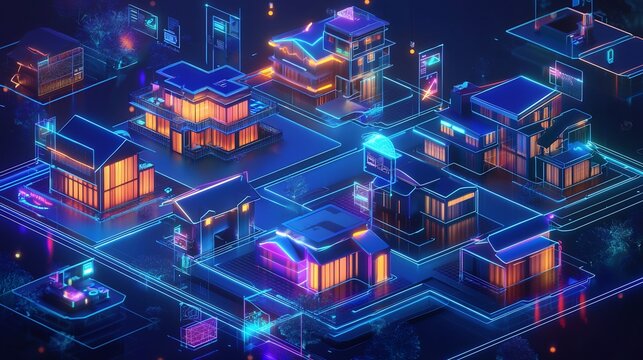 Futuristic digital twin marketplace where blockchain verifies ownership of virtual real estate