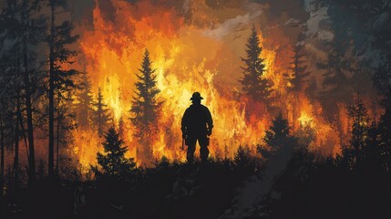 Fototapeta premium forest firefighter silhouette against a backdrop of burning trees