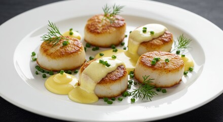 Gourmet Pan Seared Scallops with Lemon Butter Sauce Garnish Fine Dining