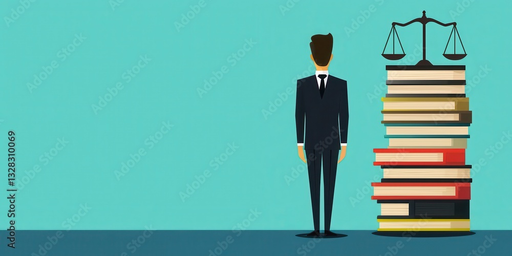 Aufkleber a professional man stands beside a stack of books, with a scale symbolizing justice in the backgroun